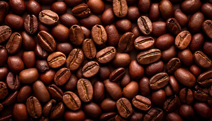Fototapeta premium Close-up of a densely packed coffee bean surface, showcasing deep color and rich texture