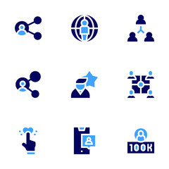 Social networking icon set. Bold style. Duotone colors. share, socialnetwork, love, customerreview, worldwide, macroinfluencer, team, coordinator