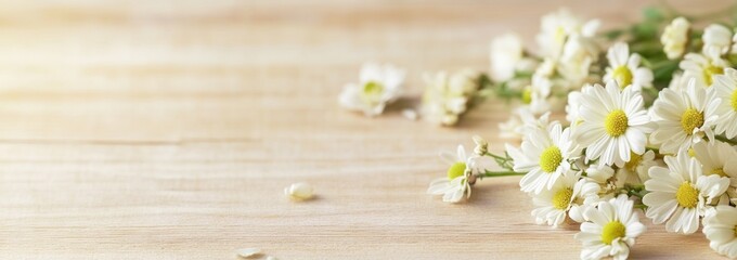 Delicate white daisies on light wooden background.