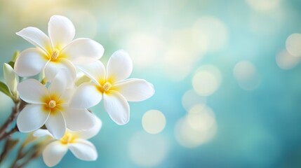 Naklejka premium Close-up of delicate white plumeria flowers with yellow centers, softly blurred teal background.
