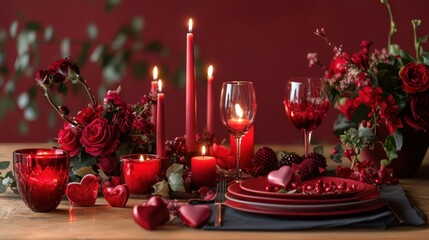 Romantic red candles and wine glasses create a celebratory atmosphere