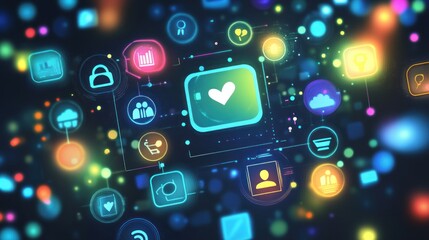 Abstract digital network with colorful icons and a central heart symbol, representing connection and community.