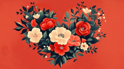 A vibrant floral bouquet of red roses, poppies, and hearts celebrates love and beauty