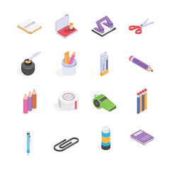 A collection of colorful isometric stationery items, perfect for presentations, educational material, or office related projects.