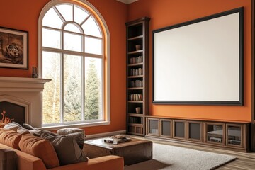Autumnal living room with large blank screen, fireplace, bookshelves, and forest view