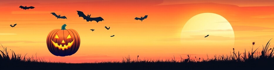 Jack-o'-lantern in sunset with bats flying.