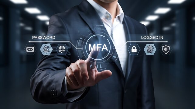 businessman pressing the virtual button MFA, multi-factor authentication. cloud computing concept, cloud technology, Saas, Paas, Iaas. AWS Services, ips, SSL, mfa, 2fa