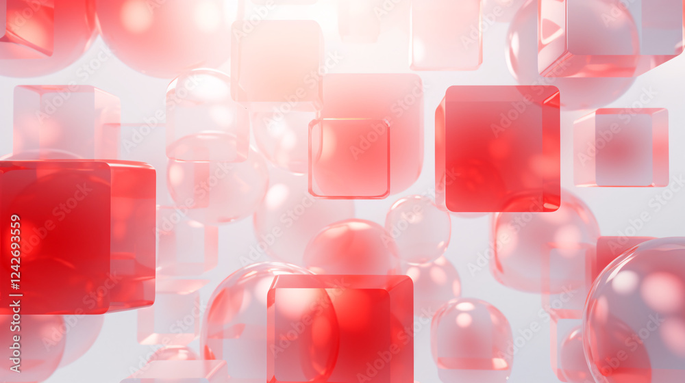 Poster A striking red background with translucent glowing cubes and boxes, ideal for a high-tech presentation, display banners, and modern tech-themed visual content.

