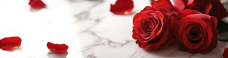 Two red roses and scattered petals on a marble surface.