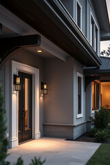 Modern Luxury House Exterior at Night: Gray Facade, Stone Details, and Elegant Entrance Design