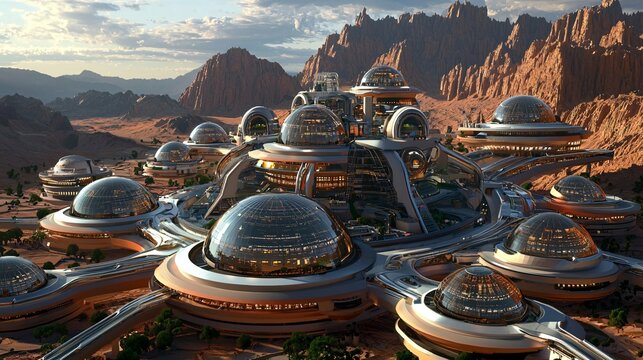 Futuristic lunar habitats for sustained space exploration, featuring cutting-edge technologies, renewable resources, and inventive architecture amid a stark alien landscape.