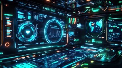 Obraz premium Futuristic control room with glowing holographic displays showing data, graphs, and a world map.