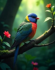 Naklejka premium Vibrant Colorful Bird Perched in Lush Forest