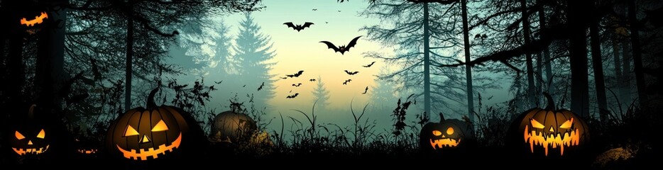 Fototapeta premium Spooky Halloween scene with jack-o'-lanterns in a misty forest at sunset, bats flying.