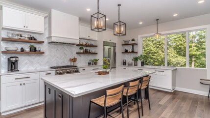 Modern kitchen with white cabinets, quartz countertops, wooden island, and herringbone backsplash.