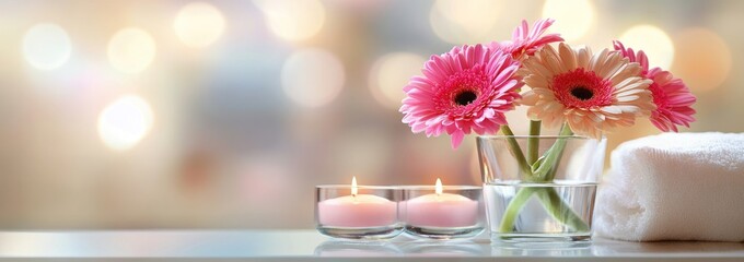 Spa scene with gerbera daisies, candles, and towel on a blurred background.
