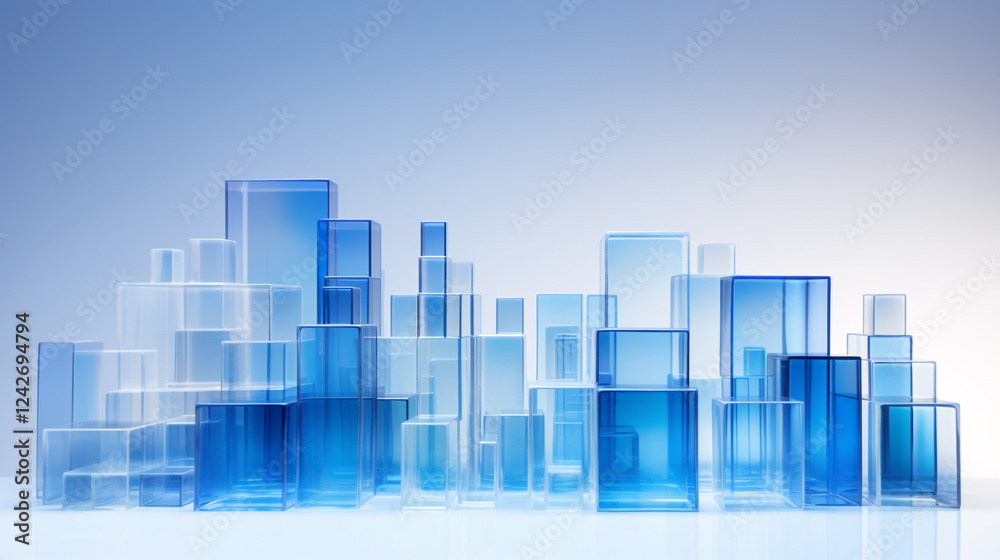 Aufkleber Transparent glass blue blocks arranged in order on a gradient background for display or presentation design.

