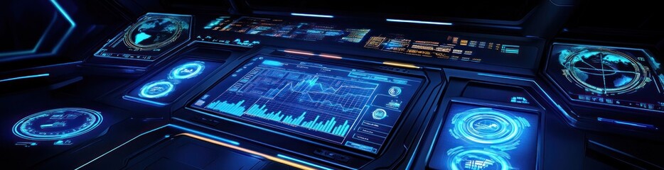 Futuristic digital interface with glowing screens displaying data and graphs.