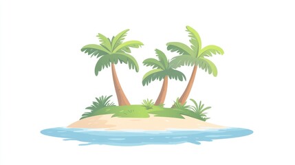 Idyllic tropical island with three palm trees, surrounded by calm ocean water.