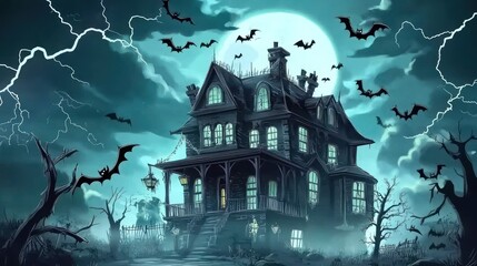 Spooky haunted house with bats flying around under a stormy night sky and full moon.