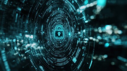 Obraz premium Cybersecurity concept with a holographic lock symbol, surrounded by floating digital codes and encrypted data streams
