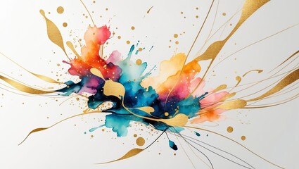 Vibrant abstract art work created with watercolor and gold accents showcasing colorful splashes and elegant lines