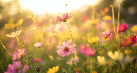 Sunset Cosmos Field, Floral Bloom, Nature Background, Peaceful Scene