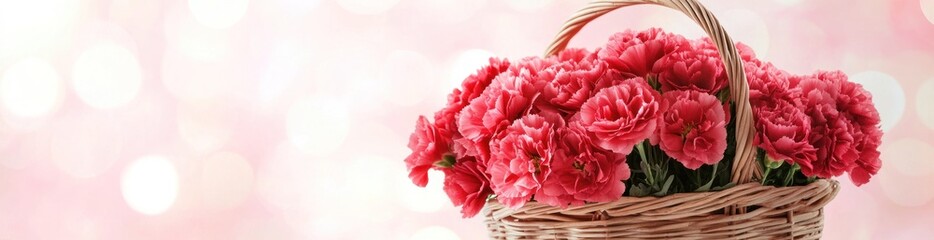 Pink carnations in a wicker basket against a soft, bokeh background.