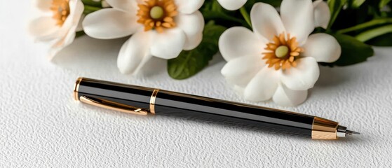 A sleek black pen rests beside elegant white flowers on a textured surface.