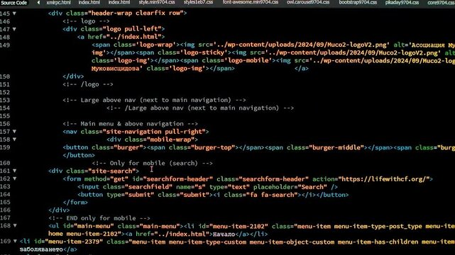 Developer is Browsing HTML Code on the Computer Screen. Front view. HTML Web Page Code Scrolling Programming, Abstract Technology Background for Software Developer, Computer Script Concept. Scene F.