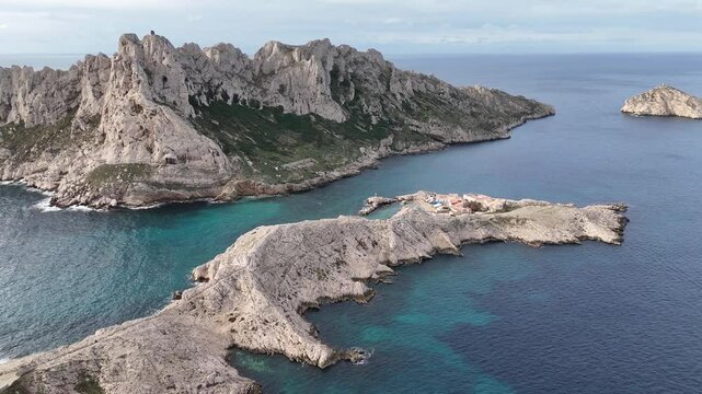 Aerial scenic natural breathtaking landscape in Calanques National Park on the Mediterranean coast of France protected area drone footage