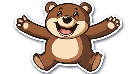 Obraz premium Happy cartoon bear welcoming, isolated on white, for children's book illustration or sticker design