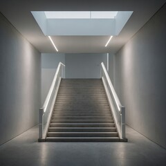 A minimalistic straight-line staircase with white steps and subtle underlighting.