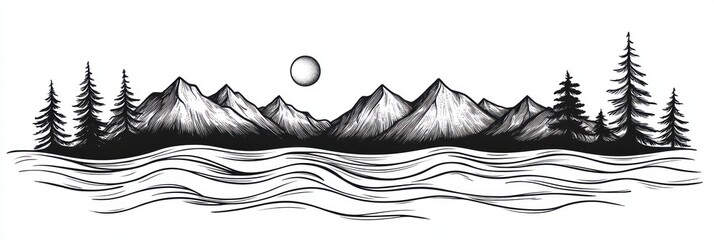 Serene Mountain Landscape With Wavy Water And Trees