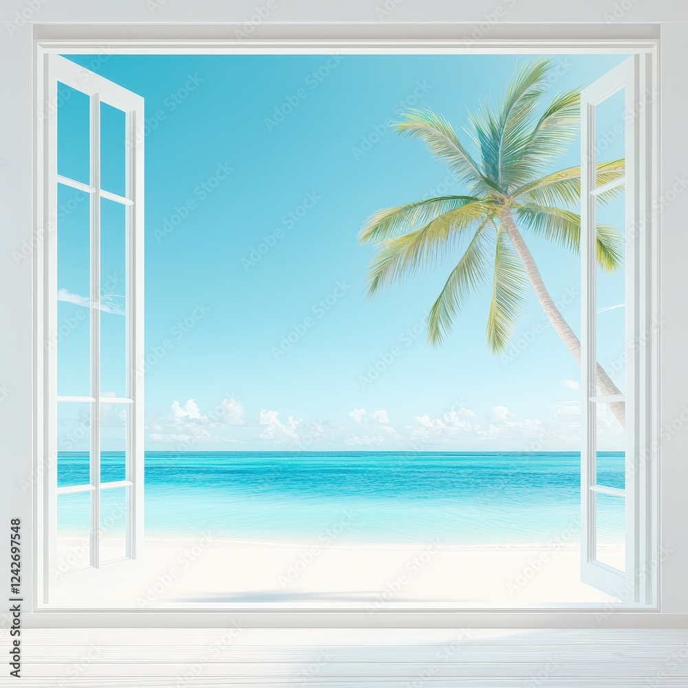 Wall mural serene coastal view from open window