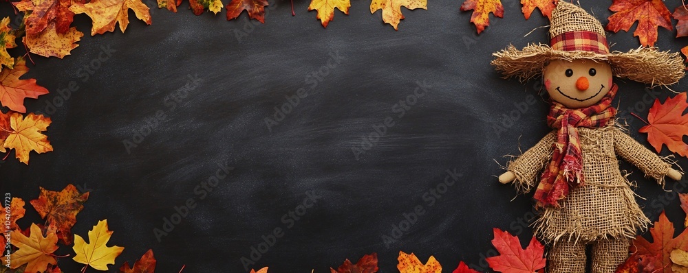Poster cheerful autumn scene with a happy scarecrow and vibrant fall leaves bordering an empty chalkboard