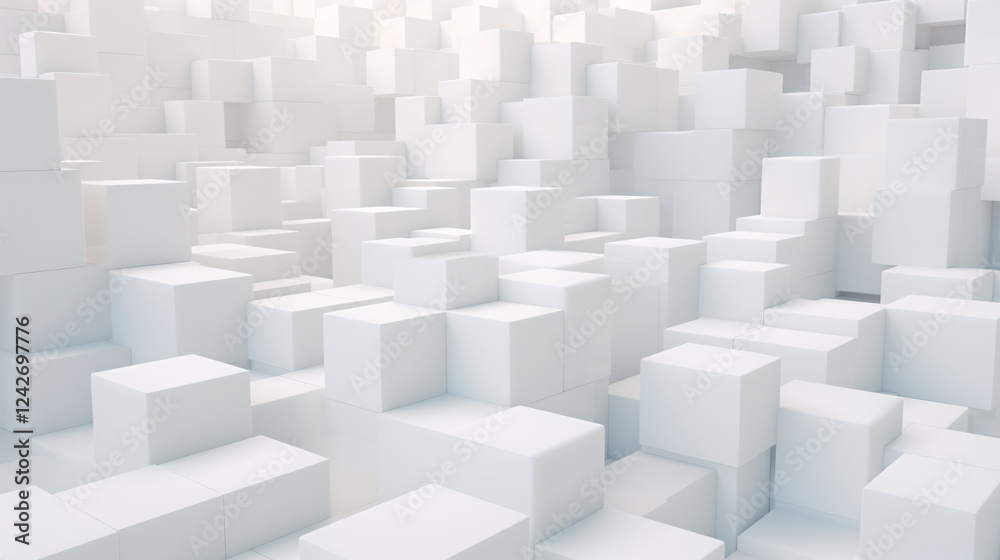 Poster a studio background with many white cubes, realistic 3d design, ideal for a website banner.