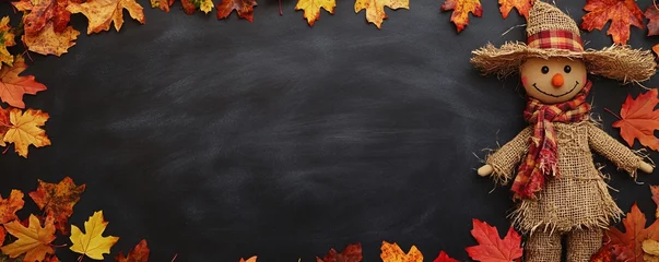 Fleecedeken met foto Cheerful autumn scene with a happy scarecrow and vibrant fall leaves bordering an empty chalkboard © HISTOCK