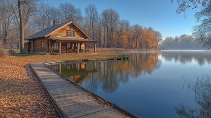 Obraz premium Autumn lake cabin dock sunrise peaceful nature