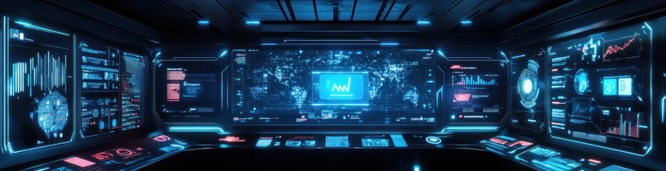 Obraz premium Futuristic control room with multiple screens displaying data analytics and graphs.