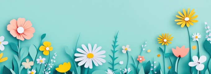 Colorful paper flowers on teal background.