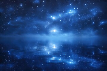 Obraz premium Starry night sky reflected on a calm ocean surface, creating a serene and magical atmosphere.