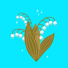 The image features delicate lilies of the valley isolated on a blue background.