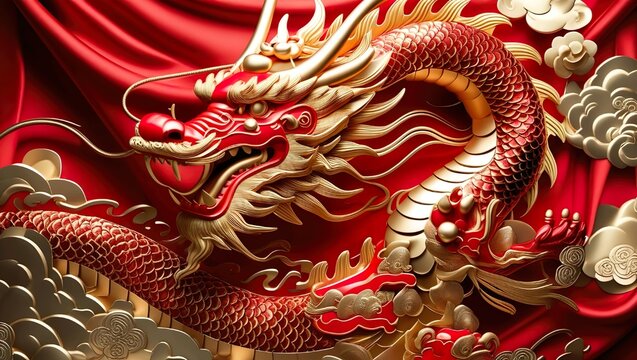 Design a lavish and culturally rich composition using a luxury red and gold Chinese-inspired background, evoking opulence and tradition.