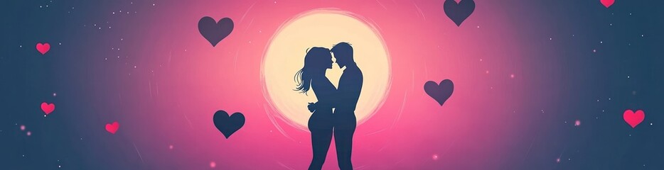Silhouetted couple embracing under a full moon, surrounded by hearts.