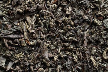 Large dried black tea leaves. Texture of natural dried tea leaves.