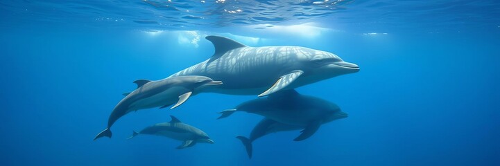 Naklejka premium Blue whale swimming in the ocean with a pod of dolphins and a school of fish in clear blue water, marine mammals, companionship, ocean