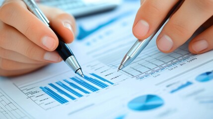 Close-up of hands reviewing financial charts and graphs with pens.