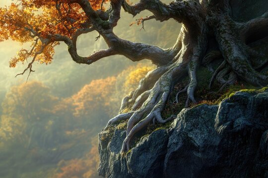 Ancient tree with exposed roots clings to a cliffside, bathed in autumnal sunlight.