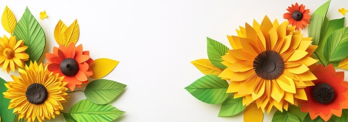 Paper sunflowers and leaves on white background. (1)
